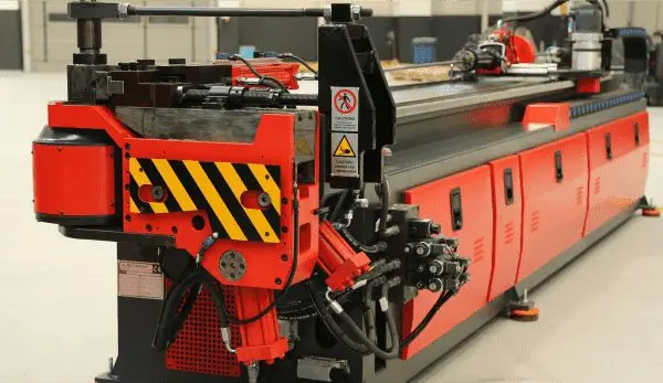 Akyapak ABM CNC tube bender seen from the bending-arm end, with its red machine bed behind