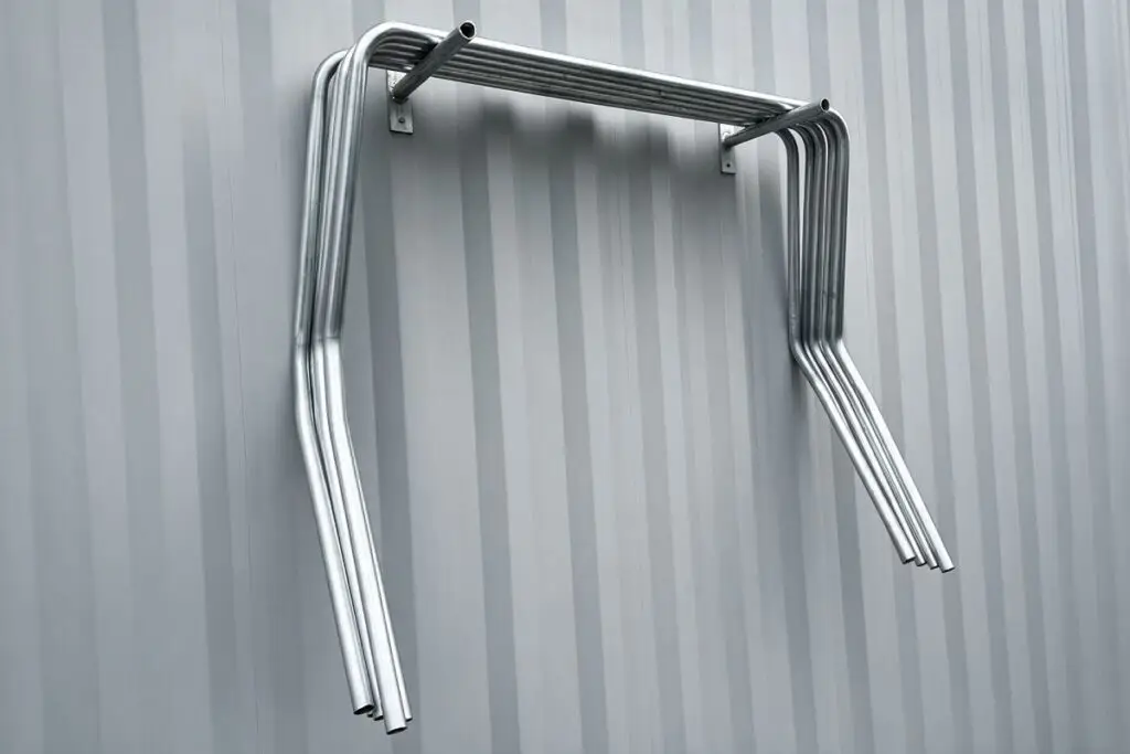 A set of identical bent aluminium tube frames hanging on a wall
